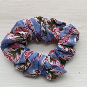 Hand block printed scrunchies -denim blue blossom