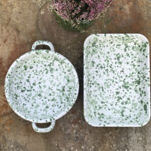 Two handled enamel pan - green splash