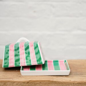 Striped butter dish - pink & green