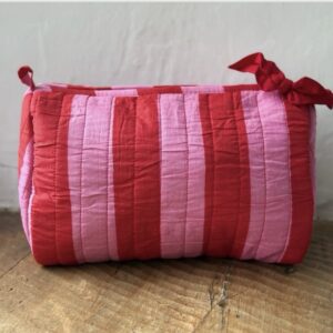 Hand block print wash bag - red & pink stripe