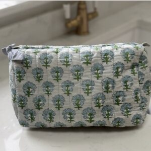 Hand block print wash bag - french blue sprig